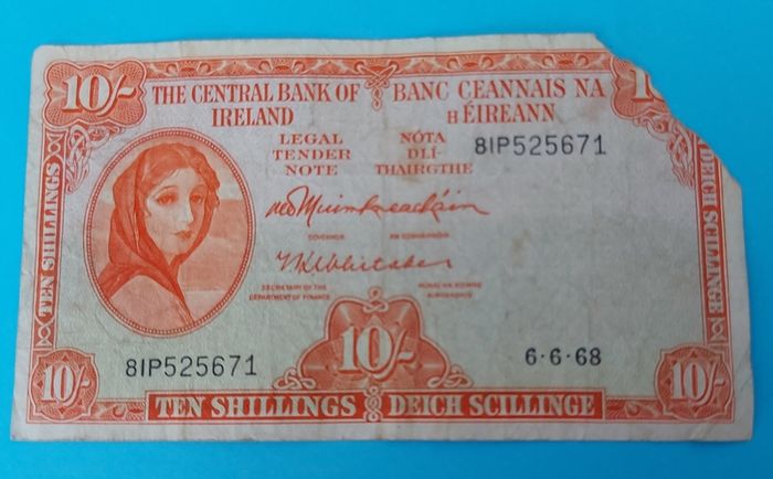 Irish 1968 Lavery ten shilling banknote in used condition