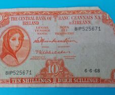 Irish 1968 Lavery ten shilling banknote in used condition
