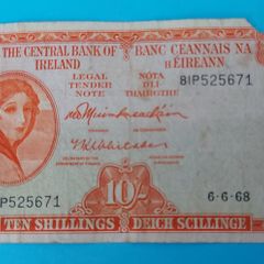 Irish 1968 Lavery ten shilling banknote in used condition