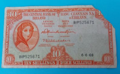 Irish 1968 Lavery ten shilling banknote in used condition