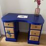 Unique Upcycled Dressing Table / Vanity Desk - Navy Blue & Natural Wood - 6 Drawers Image 2