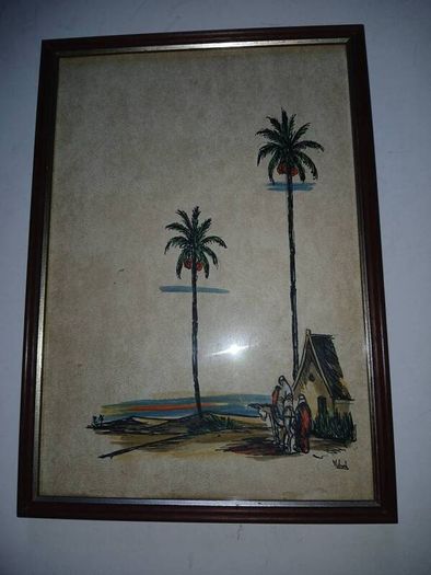picture Mid-century illustration, watercolour or Ink depicting an oasis or desert landscape, possibly North African or Middle Eastern