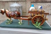 2 Vintage Wooden Carts &amp; Ceramic Horses on Plinth