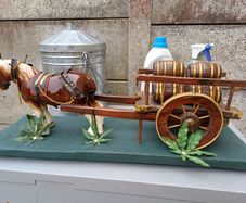 2 Vintage Wooden Carts & Ceramic Horses on Plinth