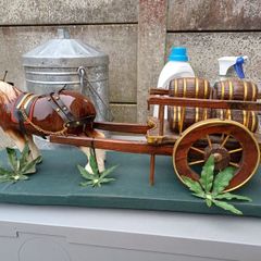 2 Vintage Wooden Carts & Ceramic Horses on Plinth