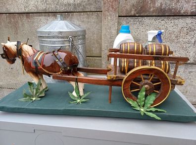 2 Vintage Wooden Carts & Ceramic Horses on Plinth