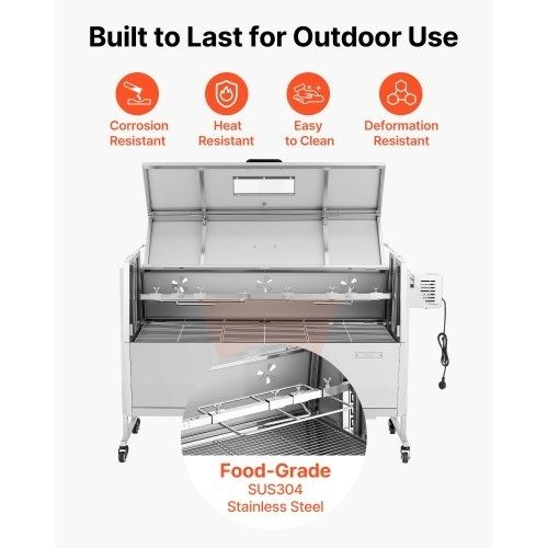 Rotisserie Grill, 38W BBQ Outdoor Pig & Lamb Spit Roaster, Charcoal Spit Roaster with 60 kg Capacity, Wheels & 4-Level Height, Stainless Steel Electric Rotisserie Grill Kit for Camping Outdoor