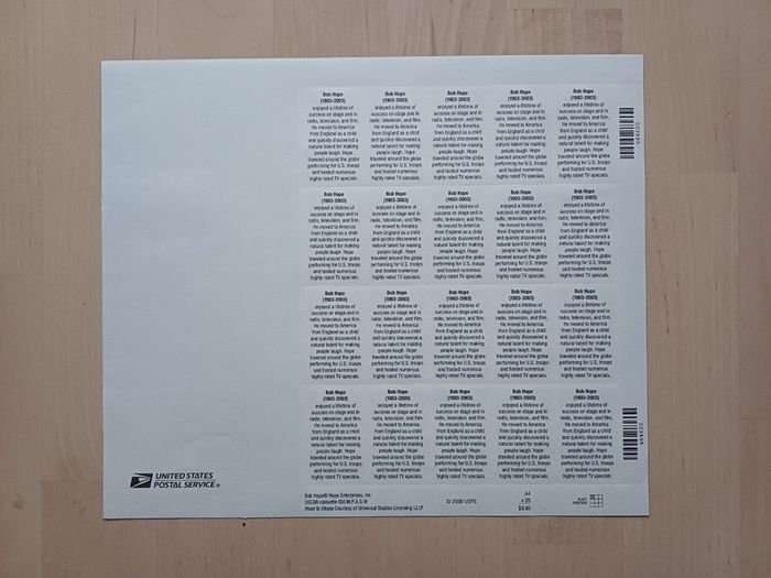 Bob Hope Stamps Sheet of 20 USPS United States Postal Service Issue 2009 NEW