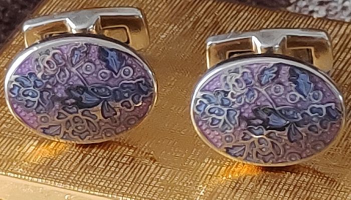 Duchamp London silver tone cufflinks with enamelled lavender & blue flowers pattern
