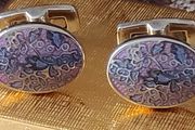 Duchamp London silver tone cufflinks with enamelled lavender &amp; blue flowers pattern