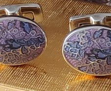 Duchamp London silver tone cufflinks with enamelled lavender & blue flowers pattern