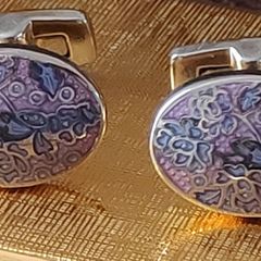 Duchamp London silver tone cufflinks with enamelled lavender & blue flowers pattern