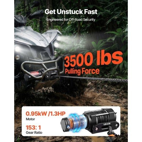 1587 kg Electric Winch, 12V DC ATV/UTV Winch with 5.5 mm x 10 m Synthetic Rope & Wired Remote Control, IP55 Waterproof, Aluminum Housing Fairlead Mount Plate for Towing ATV, Black