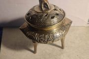 Vintage Tri Leg Incense Burner  Lidded Metal / Brass Chinese Marked   Old  Ceremonial/ Meditation  Clearing Energy/ Purification Ritual