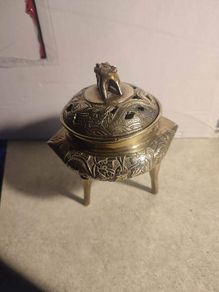 Vintage Tri Leg Incense Burner  Lidded Metal / Brass Chinese Marked   Old  Ceremonial/ Meditation  Clearing Energy/ Purification Ritual