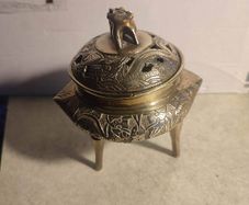 Vintage Tri Leg Incense Burner  Lidded Metal / Brass Chinese Marked   Old  Ceremonial/ Meditation  Clearing Energy/ Purification Ritual