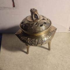 Vintage Tri Leg Incense Burner  Lidded Metal / Brass Chinese Marked   Old  Ceremonial/ Meditation  Clearing Energy/ Purification Ritual