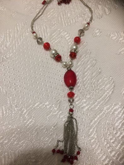red bead and pearl necklace and earrings