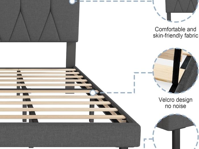 Double Bed Frame, Dark Grey, Upholstered Wooden Slat Bed Frame with Headboard, Easy Assembly, Underbed Storage, No Box Spring Needed