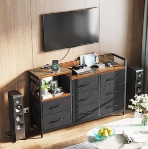 Chest of Drawers Bedroom, Contains 2 USB & 2 AC Ports Sockets, Storage Dresser with 8 Fabric Drawers Suitable for Bedrooms, Living Rooms, Retro Color