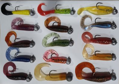 No#9 - New - Set of 15pcs mix colour Mini soft lures 4,5-5cm and 7cm on jig heads No 1, 1/0 and 2/0 - Pike Perch Trout Salmon Bass Cod Pollock