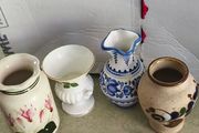 Collection of 4 vintage decorative ceramic pottery vases ,Fuchsia Design bud vase handcrafted ceramic item signed by the artist "Moses" from Cyprus 18.00 e. Wedgwood collection wild strawberry bud vase12.00 E. Vase blue 11 cm blue design Modra majolica sp