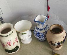 Collection of 4 vintage decorative ceramic pottery vases ,Fuchsia Design bud vase handcrafted ceramic item signed by the artist "Moses" from Cyprus 18.00 e. Wedgwood collection wild strawberry bud vase12.00 E. Vase blue 11 cm blue design Modra majolica sp