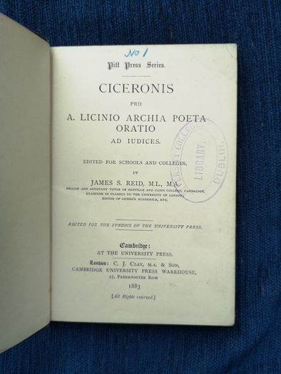 SALE! 1 M. Tulli Ciceronis Pro A. Licinio Archia Poeta Oratio Ad Iudices James S. Reid Published by Cambridge University Press, London in 1883