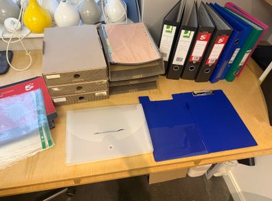 Lever arch files, A4 clear plastic pockets etc