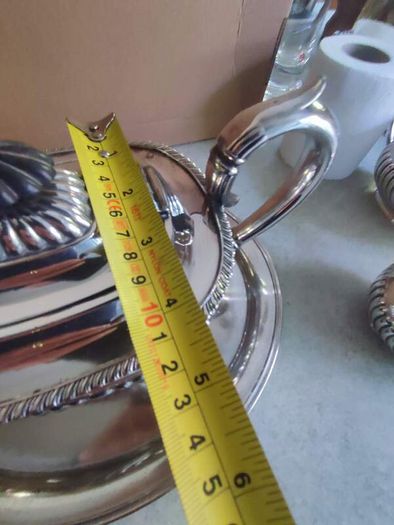 Vintage from the 19th century. Antique Period English Tea Service inc Teapot, Sugar bowl & milk jug Sheffield England on small silver plated tray.