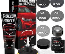 Car Headlight Restoration Kit for MOT - Treats Opaque Headlights, Yellowing and Degradation - Sanding Discs, Polish, Polishing Sponge and Universal Adapter - Driving Visibility and Safety.