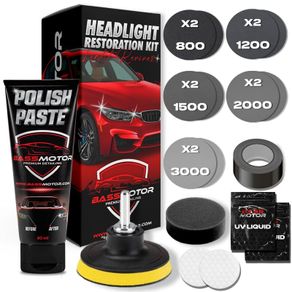 Car Headlight Restoration Kit for MOT - Treats Opaque Headlights, Yellowing and Degradation - Sanding Discs, Polish, Polishing Sponge and Universal Adapter - Driving Visibility and Safety.