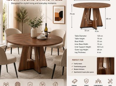 Elegant 120cm Round Walnut Dining Table