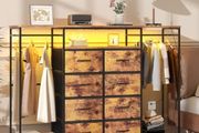 8-Drawer Dresser for Bedroom with Hanging Rack, LED Lights, Fabric Drawers, Metal Frame &amp; Wooden Top, Heavy Duty Cloth Rack Closet Wardrobe with Drawers 150cm W x110cm H, Rustic Brown