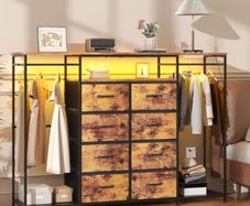 8-Drawer Dresser for Bedroom with Hanging Rack, LED Lights, Fabric Drawers, Metal Frame & Wooden Top, Heavy Duty Cloth Rack Closet Wardrobe with Drawers 150cm W x110cm H, Rustic Brown