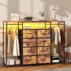 8-Drawer Dresser for Bedroom with Hanging Rack, LED Lights, Fabric Drawers, Metal Frame & Wooden Top, Heavy Duty Cloth Rack Closet Wardrobe with Drawers 150cm W x110cm H, Rustic Brown