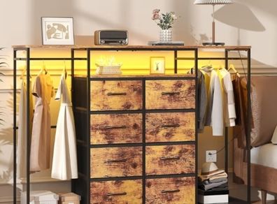 8-Drawer Dresser for Bedroom with Hanging Rack, LED Lights, Fabric Drawers, Metal Frame & Wooden Top, Heavy Duty Cloth Rack Closet Wardrobe with Drawers 150cm W x110cm H, Rustic Brown