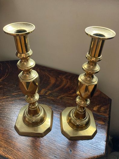 Antique brass Queen of Diamonds candlesticks pair