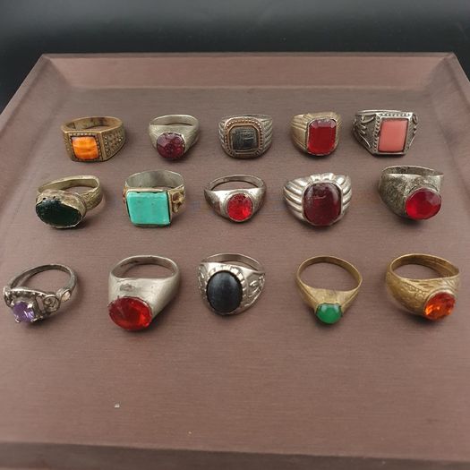 Antique Brass Ring Collection 15 Mixed Handmade Stone & Glass Rings