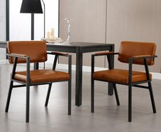 Set of 2 Brown PU Leather Dining Chairs with Armrests Modern Style & Durable Metal Frame