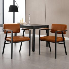 Set of 2 Brown PU Leather Dining Chairs with Armrests Modern Style & Durable Metal Frame