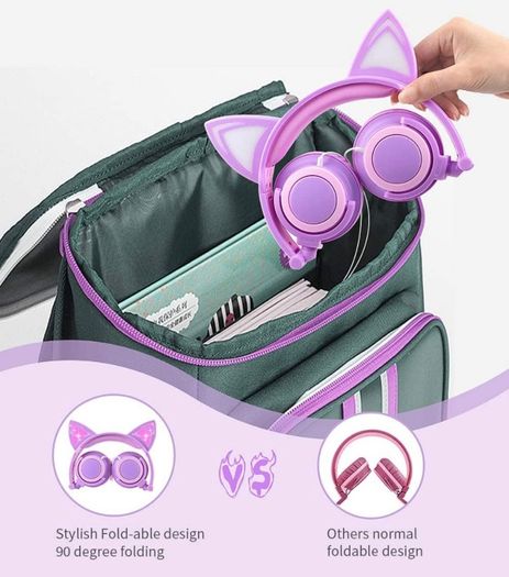 Kids Headphones, Cat Ear LED Light Up Wired Headphones Over Ear with 85dB Volume Limited Hearing Protection,Cute Headphones for Girls MULTIPLE COLOURS AVAILABLE (FREE POSTAGE)