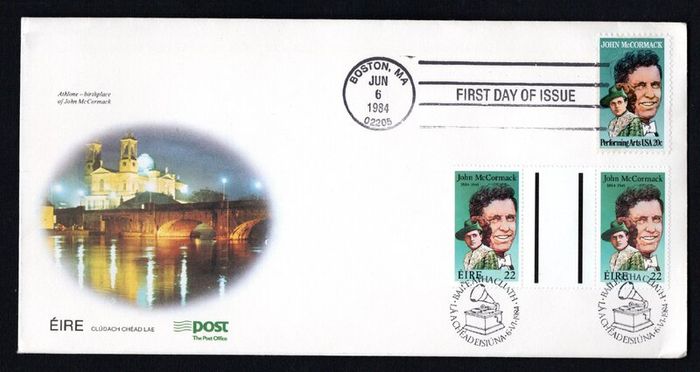 1984 Ireland Birth Centenary of Count John McCormack Combination Commemorative Stamps (USA and Ireland Gutter Pair on) An Post First Day Cover (FDC)