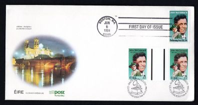 1984 Ireland Birth Centenary of Count John McCormack Combination Commemorative Stamps (USA and Ireland Gutter Pair on) An Post First Day Cover (FDC)