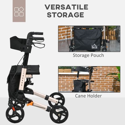 Wheel Rollator with Seat and Back, Folding Mobility Walker with Carry Bag, Adjustable Height, Dual Brakes, Cane Holder, Lightweight Aluminium Walking Frame for Seniors and Disabled, Gold Tone