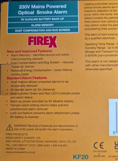 Firex KF20 Fire Alarm 230V Mains with 9V alkaline battery backup