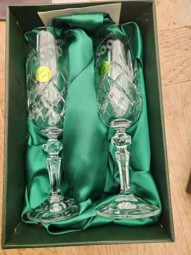 Waterford crystal champagne glasses.