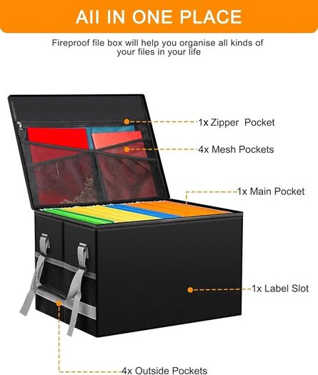 File Box with Lock,Fireproof Document Box with Handle and Zipper,Collapsible File Organiser,Home Office Fire Safe Storage Filing Box for A4 Suspension File Folder