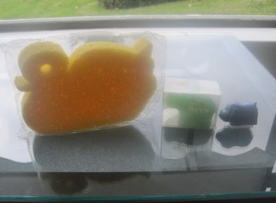 Vintage Bathtime Trio of Animal Shaped Sponge, Soap and Nail Brush.