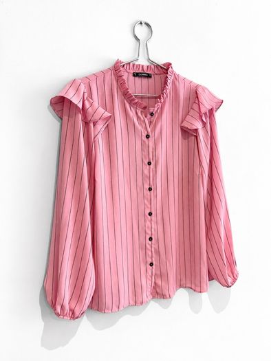 Pre Owned Dunnes Stores Pink Striped Ruffle Blouse